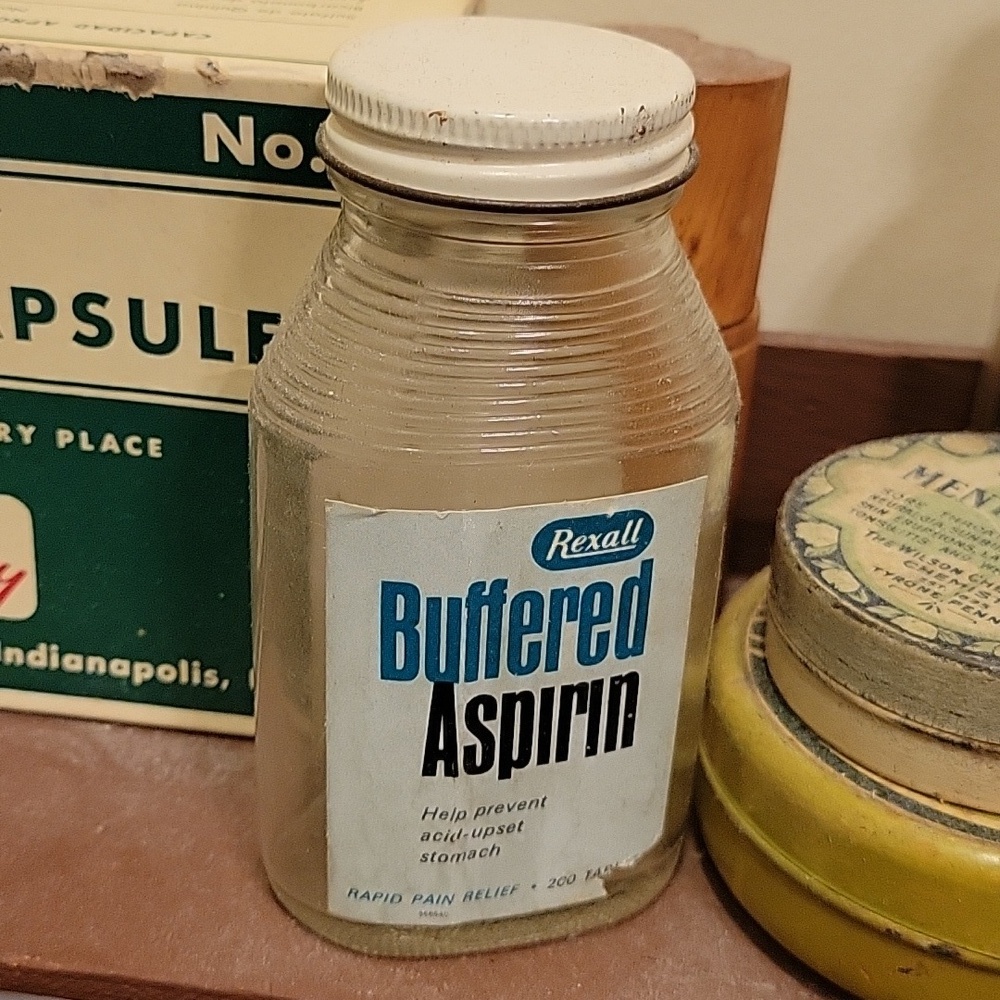 Vintage Rexall Buffered Aspirin Empty Glass 5" Tall Bottle 1970s